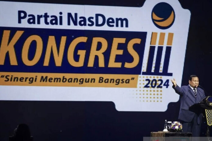 Prabowo Subianto Presiden terpilih Prabowo Subianto menyampaikan pidato pada Penutupan Kongres III Partai NasDem di Jakarta Convention Center (JCC), Senayan, Jakarta. Foto: Antara.