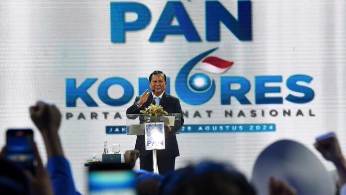 Prabowo Subianto Kongres PAN Presiden terpilih Prabowo Subianto menyampaikan pidato saat menghadiri penutupan Kongres ke-VI PAN di Jakarta, Sabtu 24 Agustus 2024.